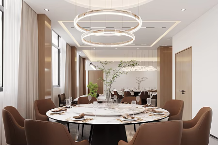New Chinese-style Box Restaurant Room Restaurant Room Box Table and Chair Round Dining Table and Chair Combination Large Round Table Chandelier Buffet Table 3d model