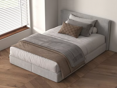 Cozy Single Bed With Gray Headboard White Sheets And Brown Gray Pillows On Wooden Floor 3d model