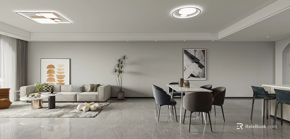 Modern Living and Dining Room Interior Design With Sofa Dining Table Chairs And Decorative Painting 3d model 