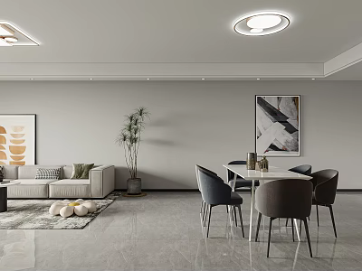 Modern Living and Dining Room Interior Design With Sofa Dining Table Chairs And Decorative Painting 3d model