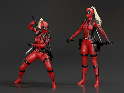 Female Game Movie Characters In Red Black Costumes With Twin Ponytails And Weapons 3d model