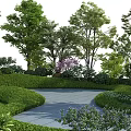 Beautiful Park Landscape with Lush Trees Flowering Shrubs and Stone Tile Walkway