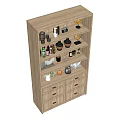 Light Wood Shelf Cabinet With Multiple Shelves And Drawers For Organizing Kitchen Items And Bottles