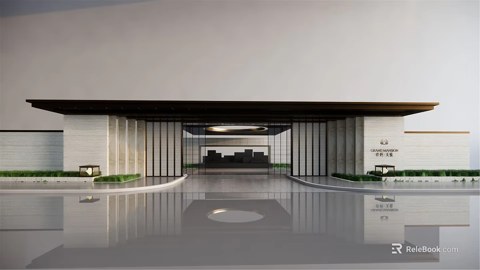 Modern Entrance Gate With Glass Doors Stone Walls Greenery And Floor Reflection 3d model 