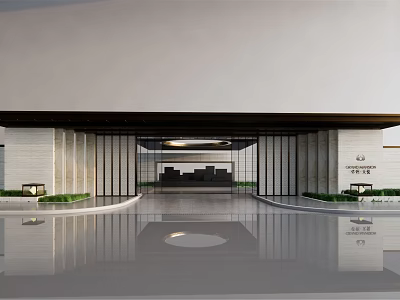 Modern Entrance Gate With Glass Doors Stone Walls Greenery And Floor Reflection 3d model