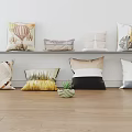 Decorative Throw Pillows With Various Patterns And Colors On Shelf And Floor 3d model