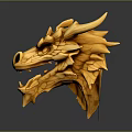 Intricately Carved Wooden Dragon Head Sculpture With Sharp Horns And Open Mouth