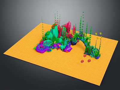 3D Underwater Scene With Colorful Corals Seaweed And Yellow Platform 3d model