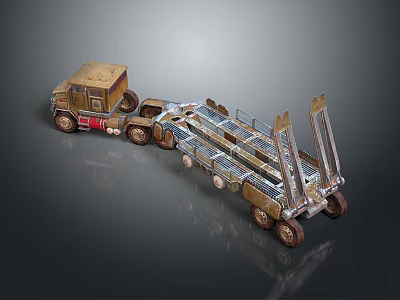 Rustic Brown Heavy Transport Truck Featuring Long Flatbed And Metal Frame With Multiple Wheels 3d model