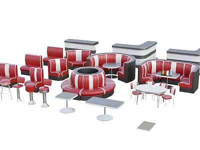 Stylish Dining Table Set With Red Upholstered Seats Round Tables Booth Sofas And Square Tables 3d model