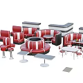 Stylish Dining Table Set With Red Upholstered Seats Round Tables Booth Sofas And Square Tables 3d model