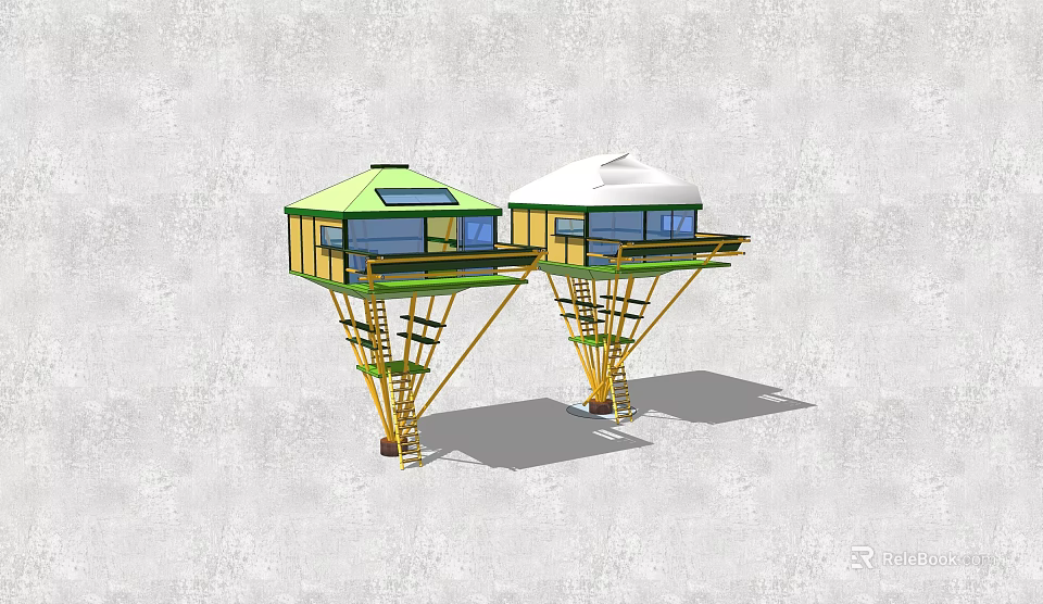 Charming Garden Treehouses with Green and White Roofs Yellow Supports and Ladders 3d model 