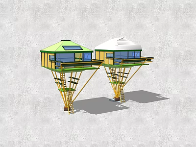 Charming Garden Treehouses with Green and White Roofs Yellow Supports and Ladders 3d model