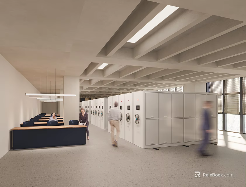 Modern Office Interior With Open Layout White Lockers Reception Desk Ceiling Beams And Large Windows 3d model 