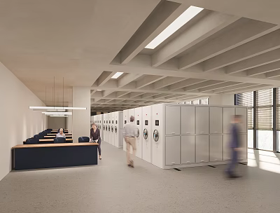 Modern Office Interior With Open Layout White Lockers Reception Desk Ceiling Beams And Large Windows 3d model