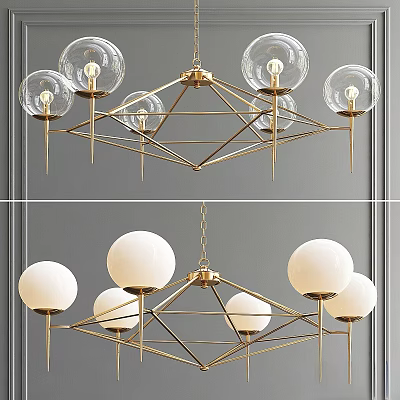 Modern Golden Chandelier with Geometric Metal Frame and Spherical Glass Shades Design 3d model
