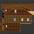 Cartoon Style Wooden House Scene With Green Roof Multi Story Balconies And Chimneys