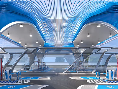 Modern Futuristic Fitness Center With Equipment And Lights 3d model