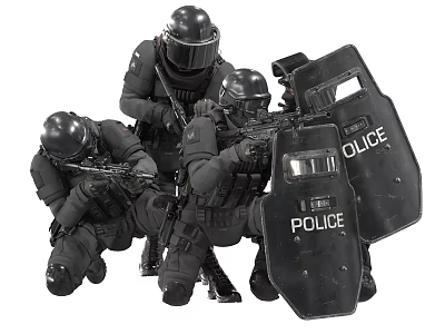 Game and Movie Characters of SWAT in Black Uniforms With Helmets Weapons Police Shields 3d model