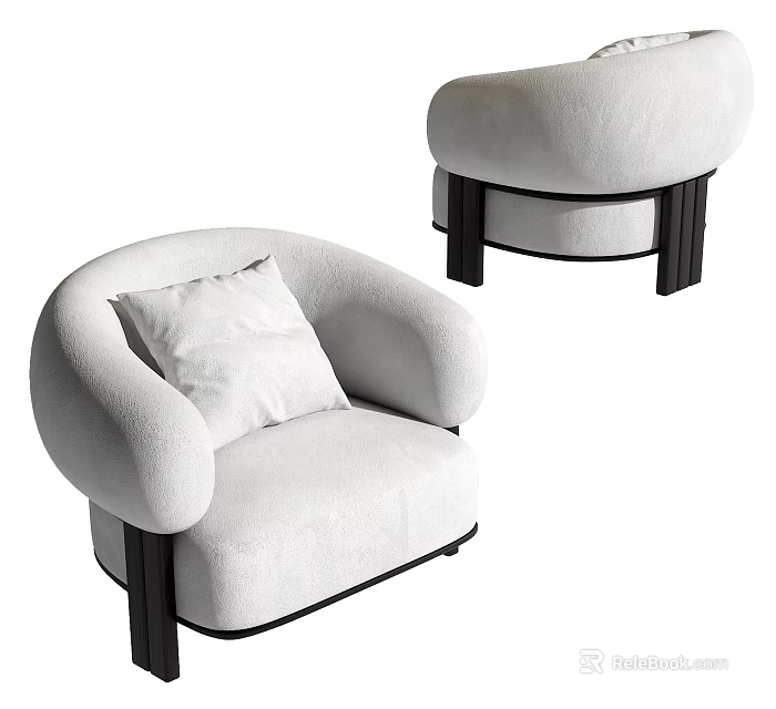 Comfortable Modern White Single Sofa with Rounded Arms Pillow and Black Legs 3d model