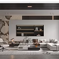 Modern Living Room With L-shaped Sofa Wall-mounted Bookshelf Coffee Table And Marble Wall Rug