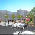 Plaza Landscape With Modern Buildings Green And Autumn Trees Street Lamps Parked Cars And Pedestrians