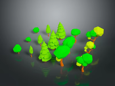 Cartoon Style Green And Yellow Trees With Various Shapes And Sizes On Grey Background 3d model