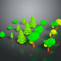 Cartoon Style Green And Yellow Trees With Various Shapes And Sizes On Grey Background