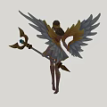 Game Movie Character With Golden White Wings And Blue Gem Staff In White Gold Outfit