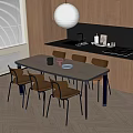 Dining Room with Wooden Long Table Chairs and Tableware on Table Kitchen Background Modern Design 3d model