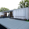 Modern Entrance Gate Architectural Design With White Walls Metal Frames Stone Paved Ground And Greenery