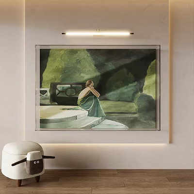 Figure Painting of Seated Figure in Green Garment with Cave Rock Background Modern Framed 3d model