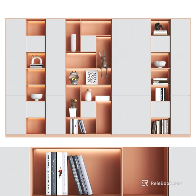 Modern Decorative Cabinet With Layered Shelves LED Lighting And Displayed Books Decorations 3d model 