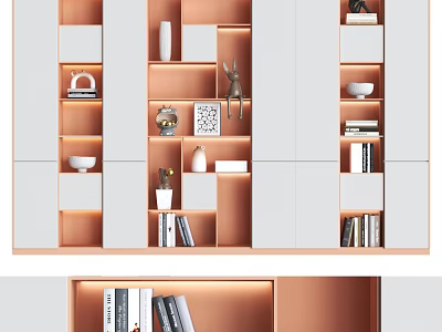 Modern Decorative Cabinet With Layered Shelves LED Lighting And Displayed Books Decorations 3d model