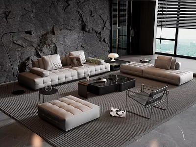 Modern Light Colored Sectional Sofa And Black Coffee Table Set In Living Room With Rug 3d model