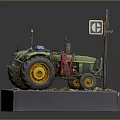 Vintage Green Tractor Model with No Parking Sign on Display Platform and Small Stones