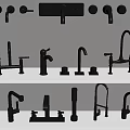 Variety of Modern Faucet Designs Displayed on White Shelves in Showroom