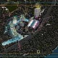 Aerial View Urban Planning with Modern Circular Buildings Tall Tower Green Spaces Waterfront and Roads