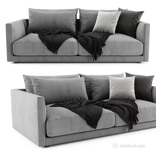 Modern Gray Two-Seater Sofa with Plush Pillows and Warm Blanket 3d model