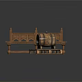 Wooden Barrel On Pallet And Carved Wooden Bench With Intricate Patterns