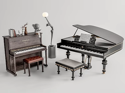 Elegant Musical Instruments Setup With Grand Upright Pianos Stools Floor Lamp Sheet Music And Decor 3d model