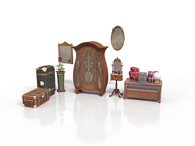 Vintage Furniture Collection With Wardrobe Suitcase Dressing Table And Mirror Vase Tea Set 3d model