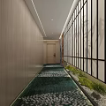 Modern Hotel Corridor With Wooden Doors Green Leaf Pattern Carpet And Linear Ceiling Lights 3d model