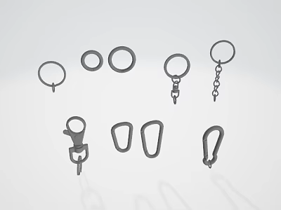 Different Shaped Metal Keychain Accessories With Rings Chains And Clips 3d model