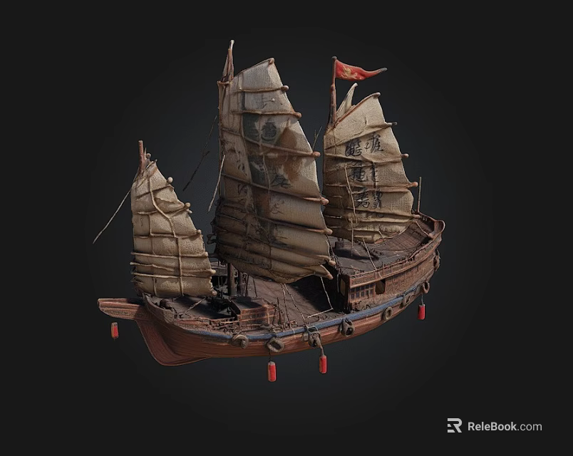 Traditional Wooden Sailing Ship with Multiple Canvas Sails and Red Flag Decoration on Dark Background 3d model 