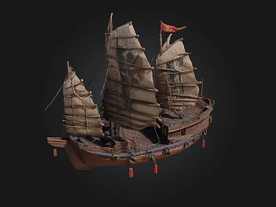 Traditional Wooden Sailing Ship with Multiple Canvas Sails and Red Flag Decoration on Dark Background 3d model