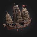 Traditional Wooden Sailing Ship with Multiple Canvas Sails and Red Flag Decoration on Dark Background