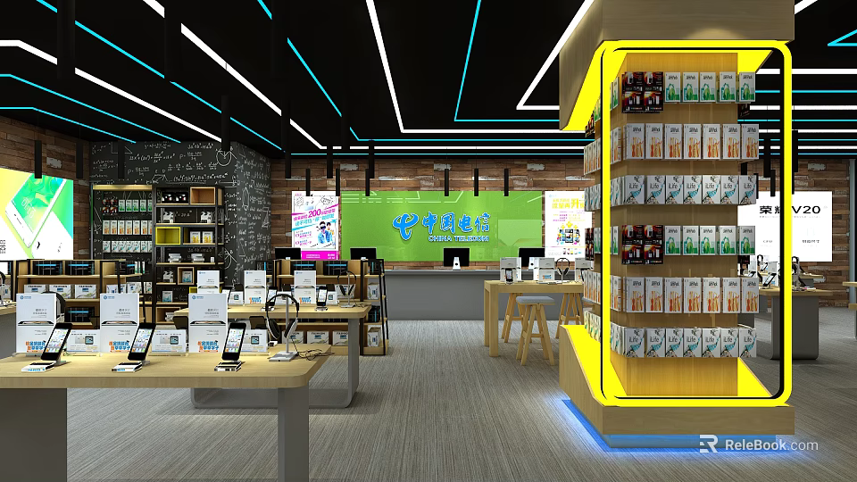 China Telecom Specialty Store With Mobile Phones Display Shelves And Products 3d model 