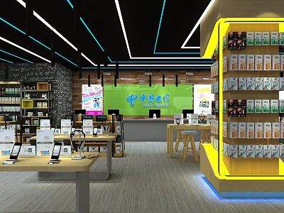 China Telecom Specialty Store With Mobile Phones Display Shelves And Products 3d model