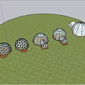 Garden Landscape With Transparent Dome Structures And Green Trees On Lawn 3d model